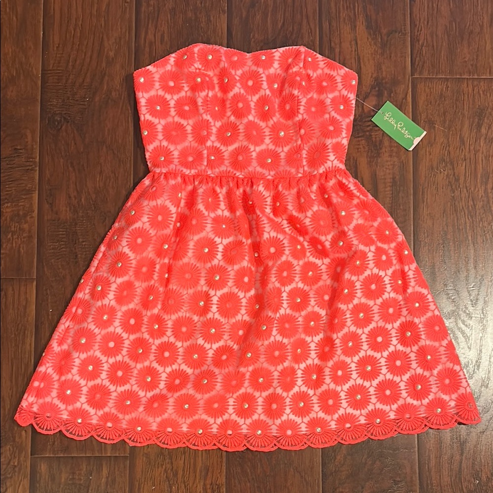 Lily Pulitzer Pink Strapless Flower Dress with Pearl Detail